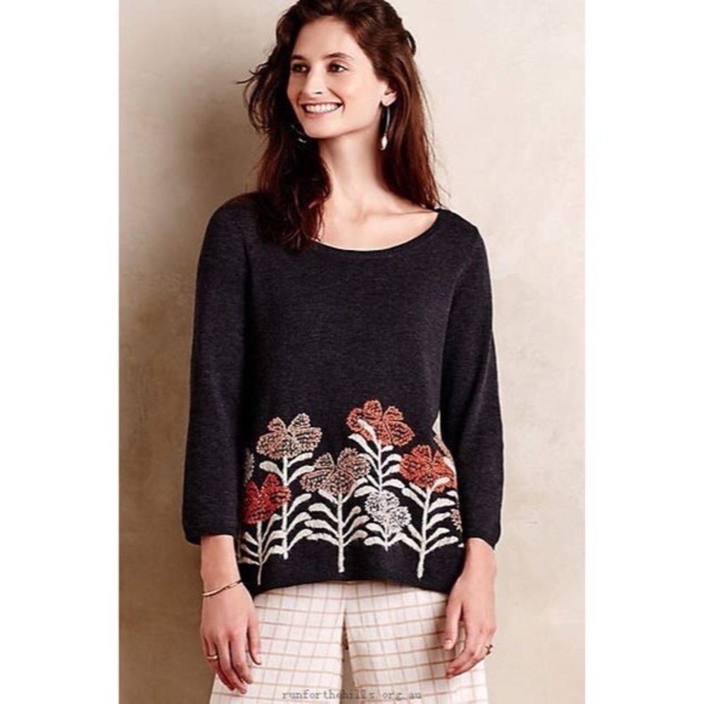 Knitted & Knotted • Anthro Kilda Sweater grey orange floral embroidered pullover - Picture 3 of 10